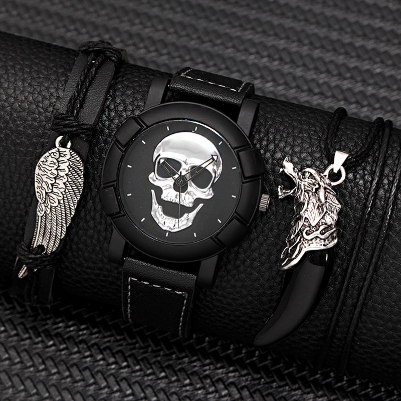 Accessories With Watch - 3PCS Set Fashion Mens Skull Watches