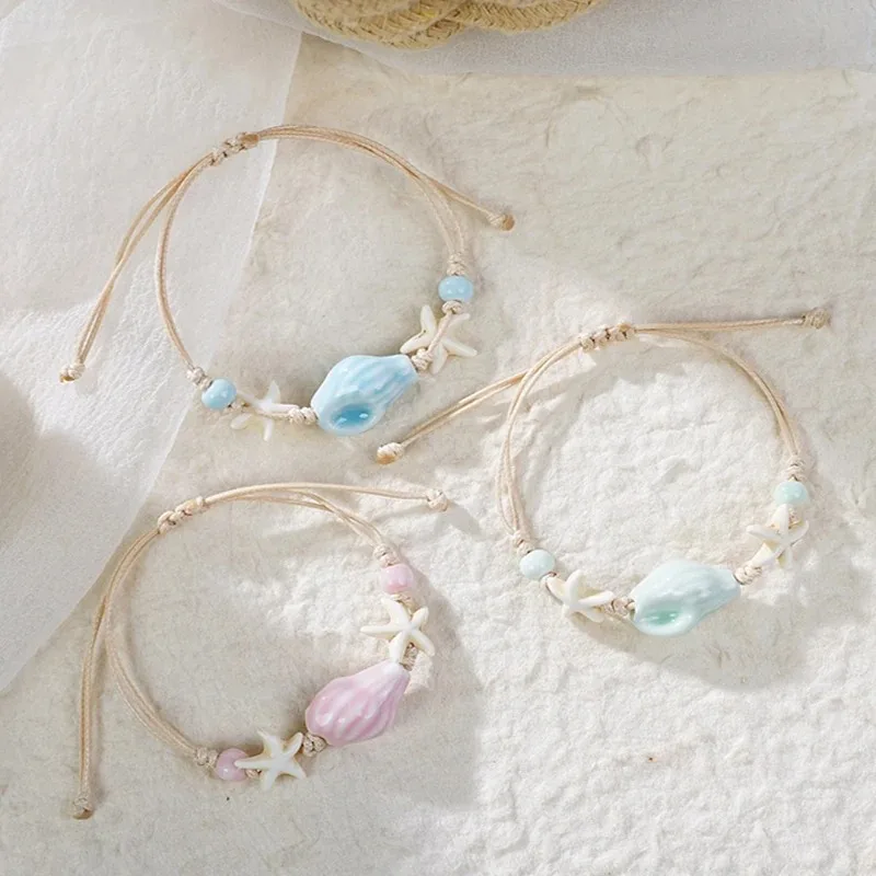 Ceramic Link Bracelet - Bohemian Conch Starfish Shells Beaded Bracelets